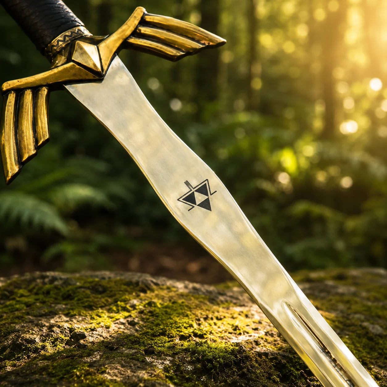 Full-length view of Link Ornate Prophecy Sword prop replica on mossy log in forest – Zelda display collectible
