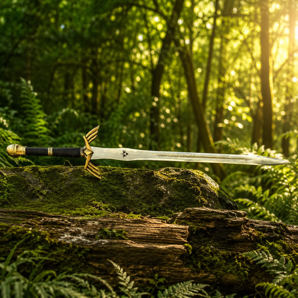Link Ornate Prophecy Sword prop replica displayed with ornate black and gold scabbard – Legend of Zelda collectible