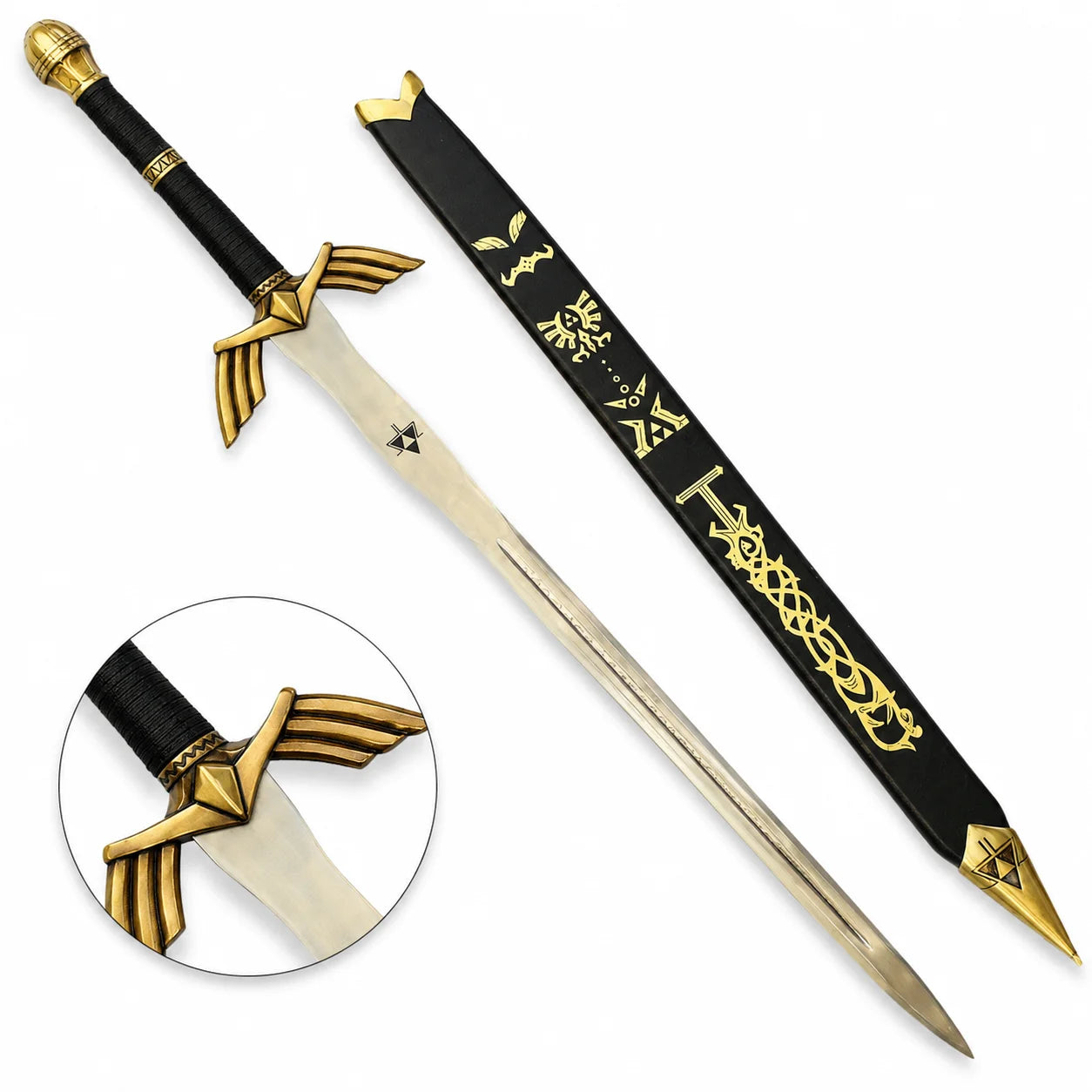 Close-up of gold-tone handle and winged guard on Link Ornate Prophecy Sword prop replica – Zelda fan collectible