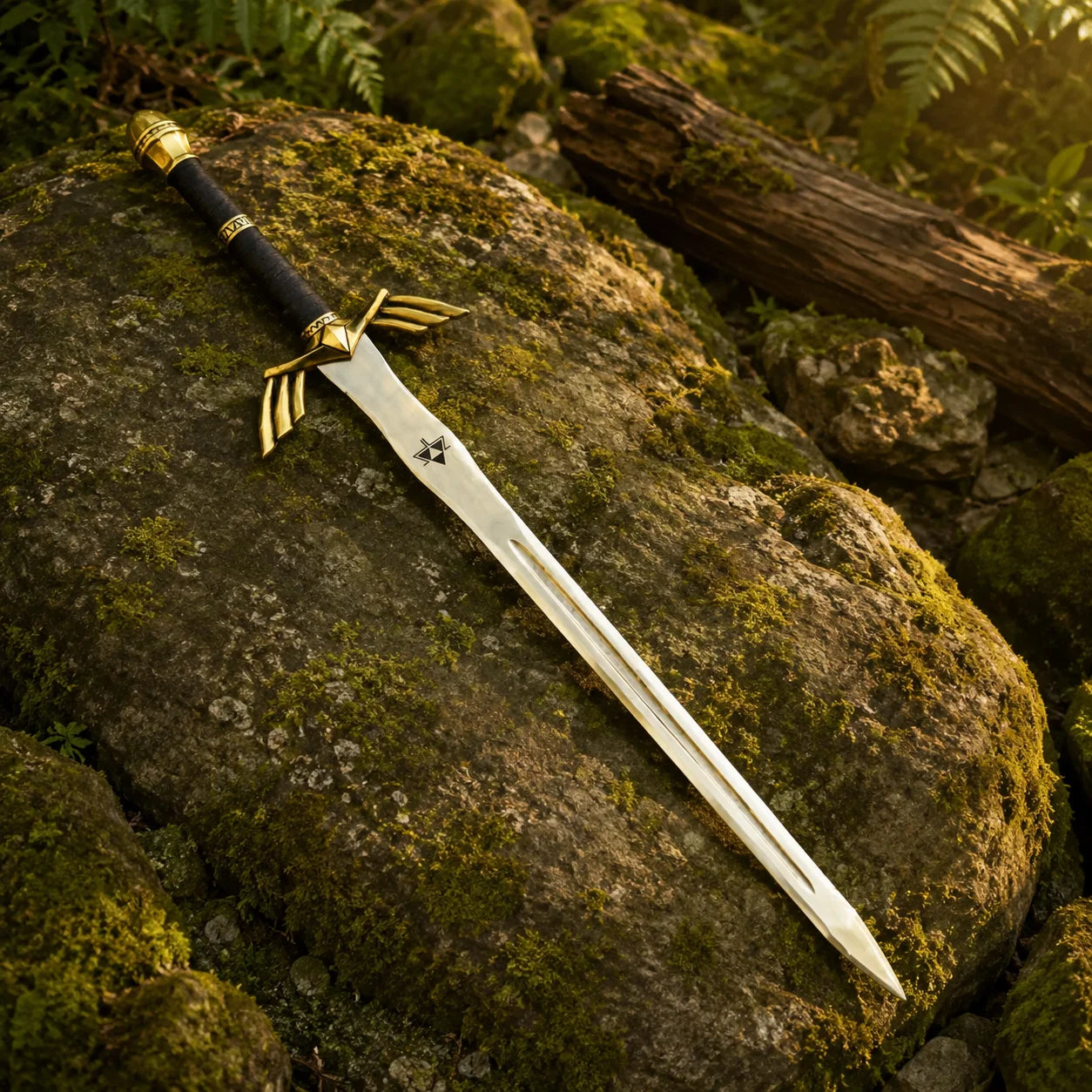 Close-up of Triforce engraving on Link Ornate Prophecy Sword blade – Legend of Zelda prop replica detail