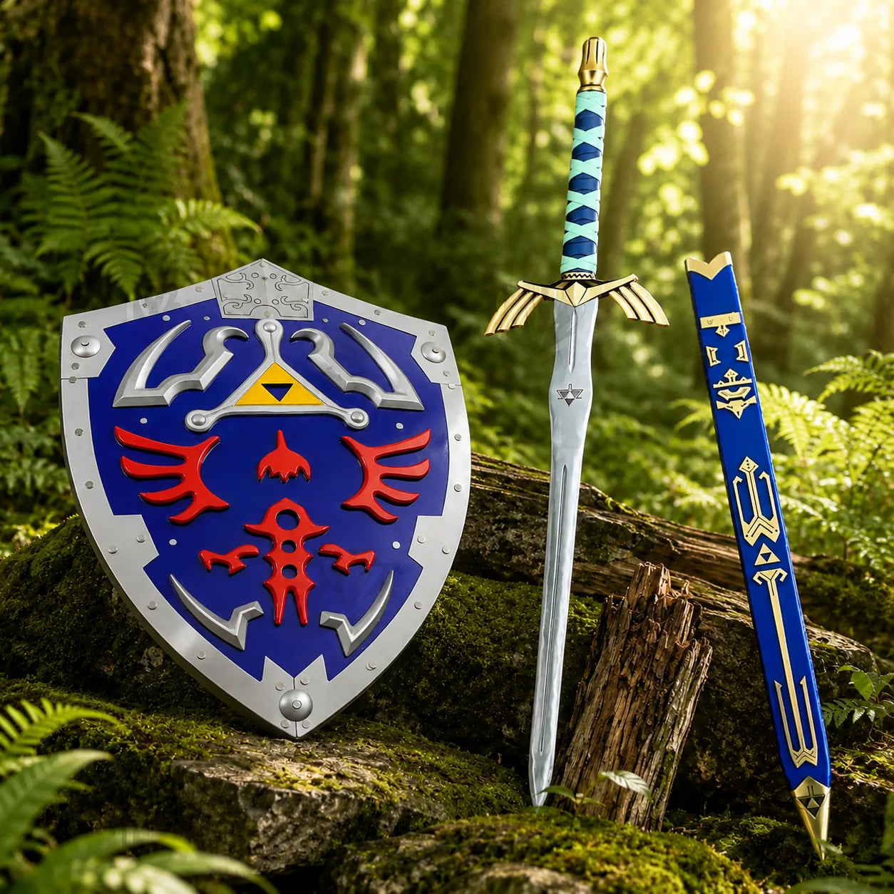 Link Master Sword prop replica held by cosplayer with Hylian Shield – Legend of Zelda collectible display
