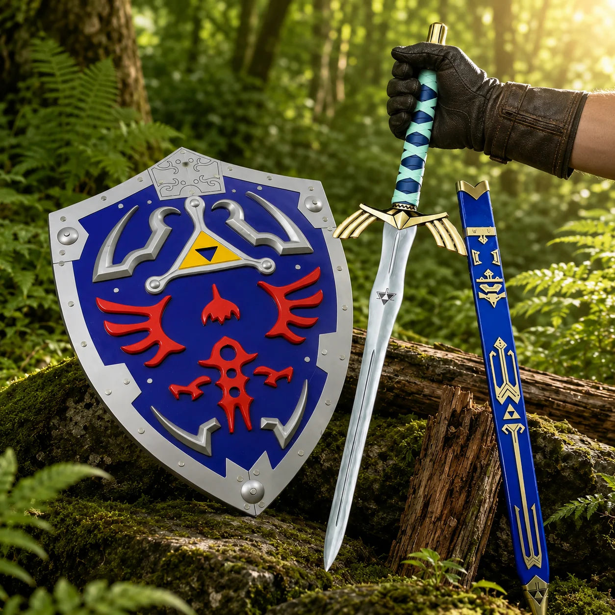 Hylian Shield and Master Sword prop replica set leaning on log – Zelda fan collectible forest display