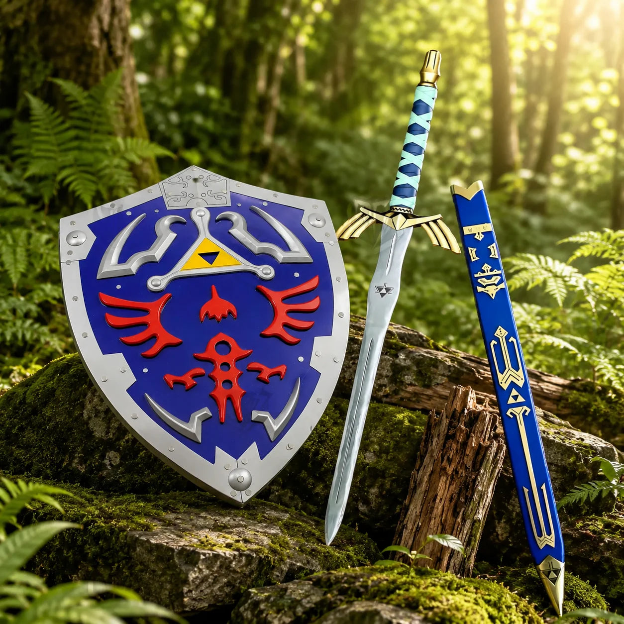 Legend of Zelda Master Sword and Hylian Shield prop replica displayed on mossy rocks in forest