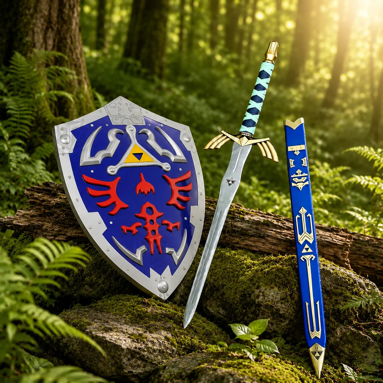 Link Hero of Time prop replica set – Zelda collectible sword shield and scabbard in sunlit forest
