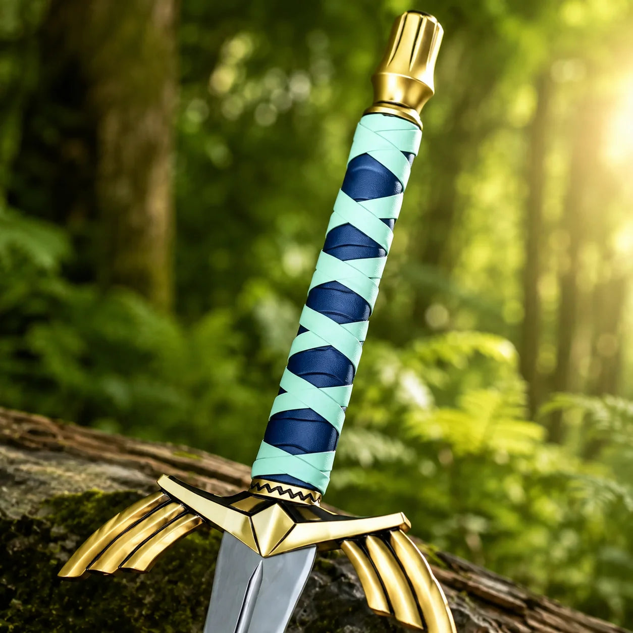 Link Master Sword prop replica close-up showing gold crossguard and teal blue wrapped grip – Zelda collectible detail shot