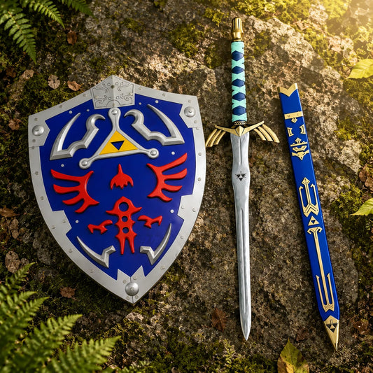 Link Master Sword and Hylian Shield prop replica set with scabbard – Legend of Zelda display collectible white background