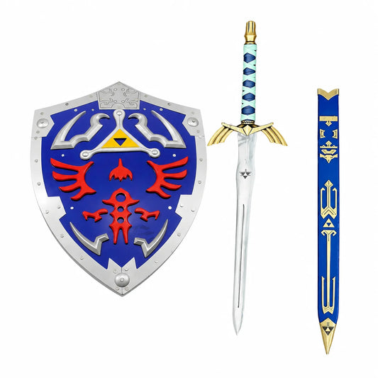 Legend of Zelda Link prop replica set – Master Sword Hylian Shield and scabbard displayed in forest setting