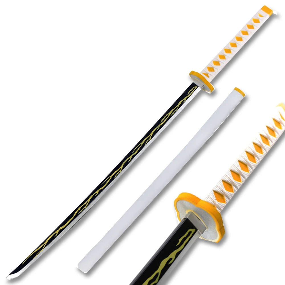 Close-up of the Zenitsu Nichirin Katana Sword highlighting its lightning-inspired blade pattern, decorative guard, and matching scabbard