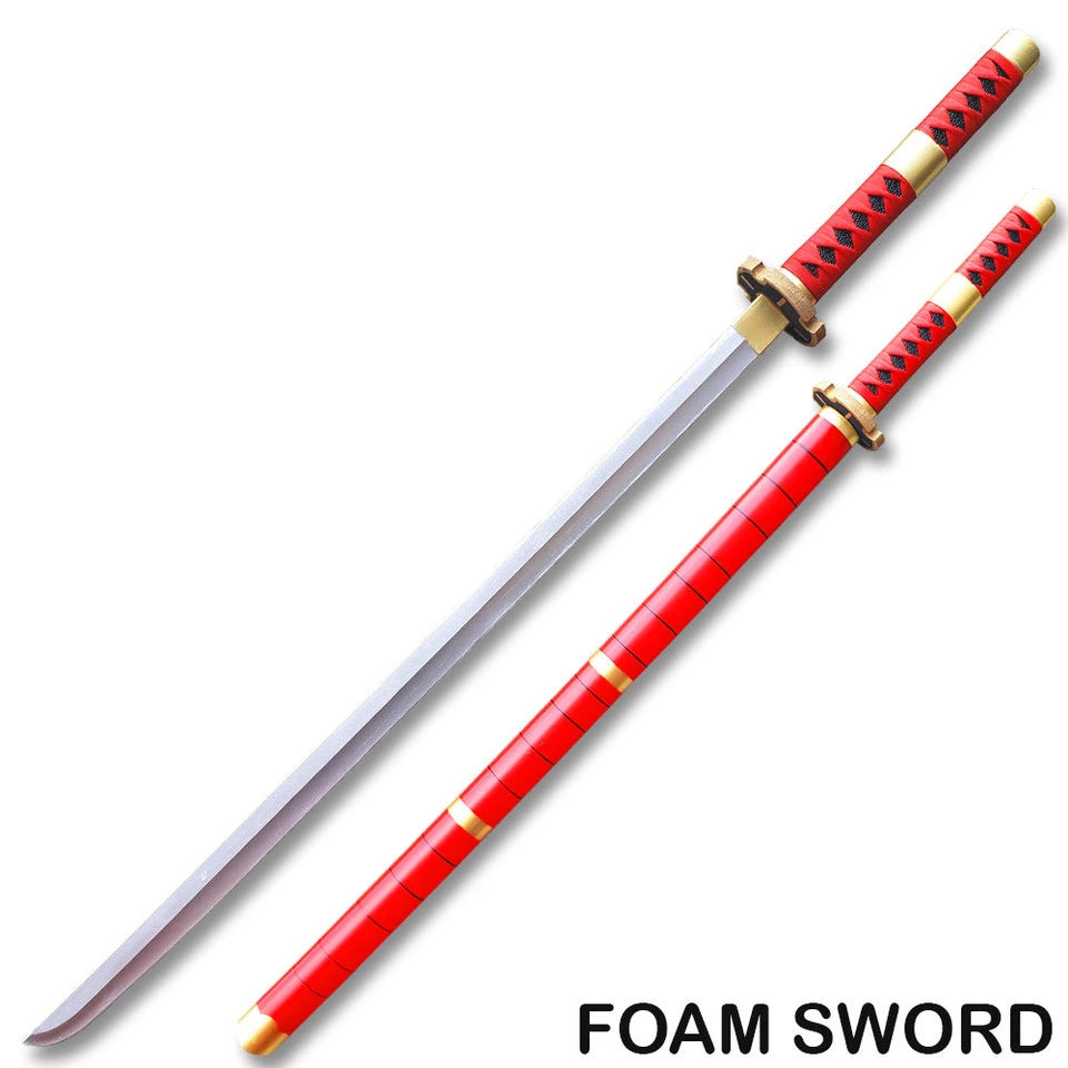 Roronoa Zoro sword collectible displayed beside its high-gloss red scabbard for conventions and themed anime displays