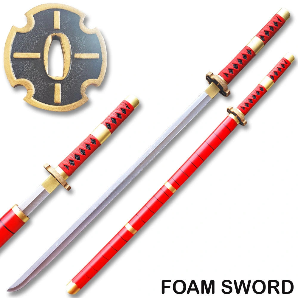 Close-up of Zoro Wado Ichimonji foam sword handle with red nylon wrapping, black detailing and decorative gold guard