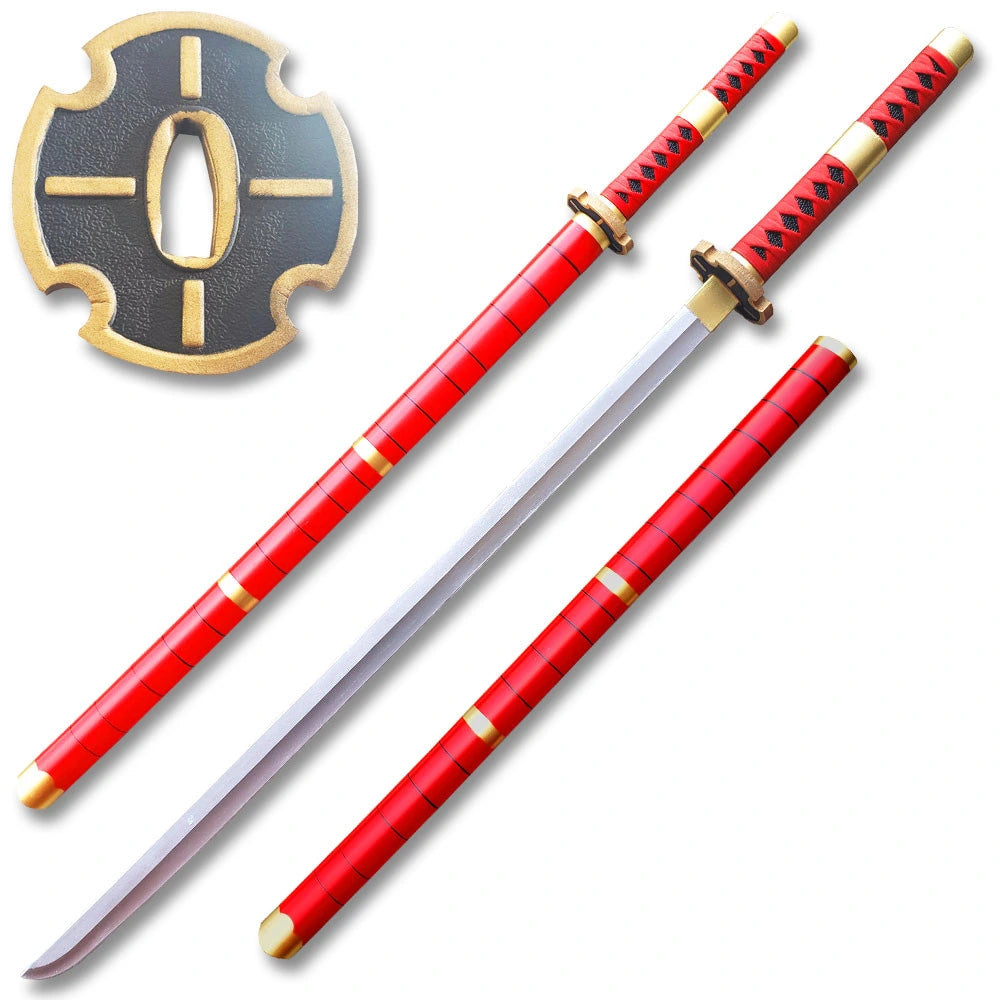 One Piece Wado Ichimonji foam sword showing red blade, gold-and-black guard and detailed wrapped handle for collectors